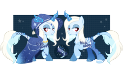 Size: 3328x1764 | Tagged: safe, artist:dixieadopts, oc, oc:frozen spell, hybrid, pony, unicorn, crystal horn, female, horn, interspecies offspring, mare, offspring, parent:discord, parent:trixie, parents:trixcord, solo