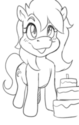 Size: 1457x2304 | Tagged: safe, artist:joykill, oc, oc only, oc:jc, earth pony, pony, birthday, birthday cake, birthday gift, cake, earth pony oc, food, happy, happy birthday, monochrome, sketch