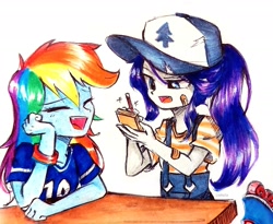 Size: 2365x1938 | Tagged: safe, artist:liaaqila, rainbow dash, rarity, human, equestria girls, g4, bandaid, baseball cap, cap, clothes, commission, diner, eyes closed, female, gravity falls, hat, jersey, laughing, notepad, open mouth, overalls, pencil, ponytail, roller skates, skates, table, traditional art, waitress