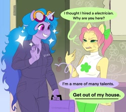 Size: 1175x1042 | Tagged: safe, artist:aztrial, izzy moonbow, posey bloom, earth pony, unicorn, anthro, g5, alternate hairstyle, bow, clothes, cross-popping veins, cute, dirt, door, duo, electrician, emanata, female, goggles, goggles on head, grin, hair bow, izzybetes, jumpsuit, leggings, open mouth, open smile, ponytail, posey bloom is not amused, posey can't catch a break, smiling, sparkles, tank top, toolbox, unamused