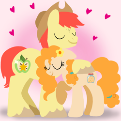 Size: 1400x1400 | Tagged: safe, artist:mlplary6, bright mac, pear butter, earth pony, pony, g4, eyes closed, female, flower, flower in hair, hat, heart, hug, husband and wife, love, male, mare, ship:brightbutter, shipping, smiling, stallion, straight