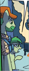 Size: 237x583 | Tagged: safe, artist:tony fleecs, idw, official comic, earth pony, pony, from the shadows, g4, spoiler:comic, spoiler:comic52, colonial williamsburg, comic, cropped, father and child, father and son, foal, male, speech bubble, stallion, unnamed character, unnamed pony, whinniesburg