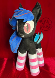 Size: 660x930 | Tagged: safe, artist:lnzz, oc, oc only, oc:ebony rose, bat pony, pegasus, pony, bat wings, clothes, commission, cute, ear tufts, fangs, irl, photo, plushie, pony plushie, socks, solo, striped socks, wings