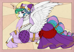 Size: 3500x2466 | Tagged: safe, artist:longinius, princess celestia, alicorn, pony, g4, abstract background, alternate hairstyle, braid, clothes, colored, dress, headdress, high res, medieval, royalty, solo, tail, tail hole, wing hole