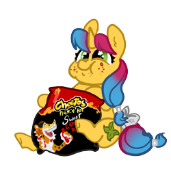 Size: 1000x1000 | Tagged: safe, artist:nootaz, oc, oc only, pony, unicorn, bow, cheetos, eating, food, messy eating, simple background, solo, tail, tail bow, transparent background
