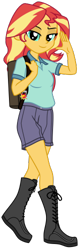 Size: 158x500 | Tagged: safe, artist:emeraldblast63, sunset shimmer, human, equestria girls, g4, backpack, boots, clothes, female, lidded eyes, looking at you, shirt, shoes, shorts, simple background, smiling, solo, transparent background, waving