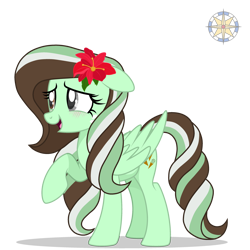 Size: 3000x3000 | Tagged: safe, artist:mint-light, artist:r4hucksake, oc, oc only, oc:choco mint, pegasus, pony, base used, blushing, cute, flower, flower in hair, freckles, heterochromia, high res, ocbetes, open mouth, open smile, raised hoof, simple background, smiling, solo, transparent background