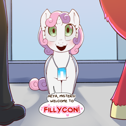 Size: 1500x1500 | Tagged: safe, artist:cold-blooded-twilight, big macintosh, sweetie belle, human, pony, unicorn, art pack:fillycon, g4, art pack, blushing, dialogue, female, filly, foal, looking up, open mouth, size difference