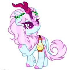 Size: 2380x2305 | Tagged: safe, artist:vi45, oc, oc only, kirin, g4, blue coat, blue fur, cloven hooves, cute, female, high res, lantern, ocbetes, pink eyes, pink hair, pink mane, pink tail, simple background, smiling, solo, tail, white background