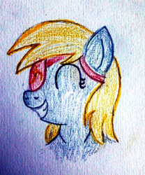 Size: 2539x3053 | Tagged: safe, artist:mildgyth, derpibooru exclusive, derpy hooves, anthro, g4, bust, eyepatch, high res, portrait, smiling, solo, traditional art