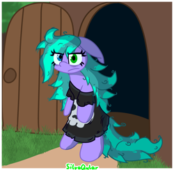 Size: 3723x3651 | Tagged: safe, artist:silvaqular, oc, oc:cyanette, earth pony, pony, angry, bipedal, clothes, door, ears back, earth pony oc, evening, floppy ears, grumpy, heterochromia, high res, house, long hair, long mane, long tail, messy mane, outdoors, oversized clothes, oversized shirt, shirt, skull, sleepy, solo, tail, tired