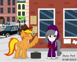 Size: 9000x7237 | Tagged: safe, artist:creedyboy124, oc, oc only, oc:firey ratchet, oc:oliver spade, pegasus, pony, g4, briefcase, building, car, clothes, detective, fedora, hat, magnifying glass, streetlight, trenchcoat