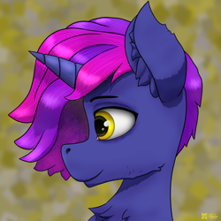 Size: 2048x2048 | Tagged: safe, artist:gantarts, oc, oc only, oc:vesper glass, pony, unicorn, abstract background, bust, high res, horn, male, portrait, simple background, smiling, solo, unicorn oc, yellow background, yellow eyes
