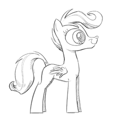 Size: 520x584 | Tagged: safe, artist:mellodillo, scootaloo, pegasus, pony, g4, concave belly, female, folded wings, grayscale, mare, monochrome, older, older scootaloo, profile, side view, simple background, slender, small wings, smiling, solo, standing, thin, white background, wings