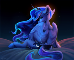 Size: 3813x3064 | Tagged: safe, artist:mithriss, princess luna, alicorn, pony, g4, back, bed, crown, ears back, ethereal mane, ethereal tail, female, high res, horn, jewelry, looking at you, looking back, looking back at you, mare, partially open wings, rear view, regalia, simple background, solo, stars, tail, wings