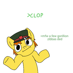 Size: 400x400 | Tagged: safe, artist:hach, oc, oc only, unnamed oc, earth pony, pony, 4chan, >clop, cap, greentext, hat, implied genocide, looking at you, male, op is a duck, shrug, shrugpony, simple background, solo, stallion, text, white background