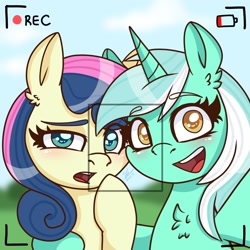 Size: 1280x1280 | Tagged: safe, artist:galaxy swirl, bon bon, lyra heartstrings, sweetie drops, earth pony, pony, unicorn, g4, camera shot, chest fluff, colored eyebrows, duo, duo female, eyebrows, female, horn, hug, lesbian, looking at you, mare, open mouth, open smile, raised hoof, selfie, ship:lyrabon, shipping, smiling, smiling at you