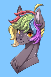 Size: 1465x2188 | Tagged: safe, artist:1an1, oc, oc only, pony, blue background, bust, chest fluff, eyebrows, eyebrows visible through hair, looking at you, portrait, signature, simple background, solo