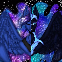 Size: 2048x2048 | Tagged: safe, artist:darlingalie, nightmare moon, princess luna, alicorn, pony, g4, black background, blue eyes, blue mane, bust, digital art, duality, ear fluff, ethereal mane, eyelashes, eyes closed, eyeshadow, fangs, feather, female, flowing mane, helmet, high res, horn, looking at you, makeup, mare, night, peytral, portrait, redraw, simple background, smiling, smiling at you, solo, spread wings, starry mane, stars, teeth, wings