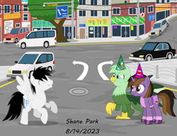 Size: 11000x8459 | Tagged: safe, artist:creedyboy124, oc, oc only, oc:gregory griffin, oc:princess kincade, oc:shane park, alicorn, griffon, pegasus, pony, g4, alicorn oc, birthday, car, city, female, hat, horn, korean, male, mare, party hat, seoul, signature, south korea, stallion, street, wings