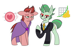 Size: 1822x1224 | Tagged: safe, artist:moonatik, oc, oc only, oc:green line, oc:red line, pony, unicorn, cape, clothes, cutie mark, eyeshadow, female, gold, gold coins, horn, makeup, mare, necktie, raised hoof, shirt, simple background, suit, transparent background, unicorn oc