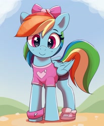Size: 2135x2589 | Tagged: safe, artist:pabbley, rainbow dash, pegasus, pony, g4, bow, clothes, cute, dashabetes, female, hair bow, high res, hoof shoes, looking at you, mare, rainbow dash always dresses in style, shirt, shoes, smiling, smiling at you, sneakers, solo, sweatband