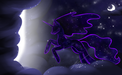 Size: 3455x2122 | Tagged: safe, artist:wakehamdarlingeff, nightmare moon, princess luna, tantabus, alicorn, pony, g4, cloud, crescent moon, ethereal mane, ethereal tail, female, flowing mane, flowing tail, glowing, high res, horn, mare, moon, night, signature, sky, solo, sparkles, starry mane, starry tail, stars, tail