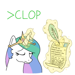 Size: 1000x1000 | Tagged: safe, artist:hach, princess celestia, alicorn, pony, g4, 4chan, >clop, bureaucracy, bust, decree, document, eyes closed, female, hopeless, jewelry, levitation, magic, mare, mobilization, quill pen, regalia, sad, scroll, signing, simple background, solo, telekinesis, text, war, white background