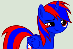 Size: 4310x2931 | Tagged: safe, artist:stephen-fisher, oc, oc only, oc:stephen (stephen-fisher), alicorn, pony, alicorn oc, folded wings, horn, male, male alicorn, male alicorn oc, needs more saturation, red and blue, red eyes, simple background, smiling, smirk, solo, wings