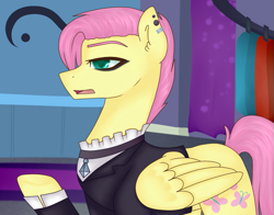 Size: 913x717 | Tagged: safe, artist:oniiponii, fluttershy, pegasus, pony, fake it 'til you make it, g4, buttergoth, butterscotch, clothes, fluttergoth, indoors, male, raised hoof, rule 63, solo, stallion, wings