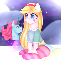 Size: 3000x3000 | Tagged: safe, artist:oniiponii, earth pony, pony, unicorn, bust, clothes, eye clipping through hair, female, high res, mare, ponified, princess pony head, sitting, smiling, socks, sparkles, sparkly eyes, star butterfly, star vs the forces of evil, starry eyes, striped socks, wingding eyes