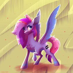 Size: 2100x2100 | Tagged: safe, artist:celes-969, oc, oc only, pegasus, pony, blue eyes, chest fluff, full body, grin, high res, not pinkamena, pegasus oc, raised hoof, simple background, smiling, solo, spread wings, standing, wings, yellow background