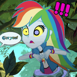 Size: 550x549 | Tagged: safe, artist:jarviswrath, rainbow dash, human, snake, equestria girls, g4, animated, clothes, coils, exclamation point, female, gif, hypno dash, hypno eyes, hypnosis, hypnotized, kaa, kaa eyes, offscreen character, surprised