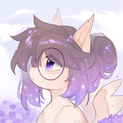 Size: 4000x4000 | Tagged: safe, artist:monphys, oc, oc only, pegasus, pony, flower, flower in hair, glasses, purple eyes, solo, sparkles
