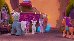 Size: 1920x1078 | Tagged: safe, screencap, alphabittle blossomforth, cloudpuff, hitch trailblazer, izzy moonbow, pipp petals, queen haven, sparky sparkeroni, sunny starscout, zipp storm, breezie, dragon, earth pony, pegasus, pony, unicorn, family trees, g5, my little pony: make your mark, my little pony: make your mark chapter 5, spoiler:g5, spoiler:my little pony: make your mark, spoiler:my little pony: make your mark chapter 5, spoiler:mymc05e02, aerial view, animated, bag, basket, berry, crystal, female, food, fossil, fruit, gasp, male, mane five, mare, market, mouth hold, mushroom, oh no, running, saddle bag, sound, stallion, uh oh, vendor stall, webm