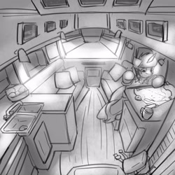 Size: 3000x3000 | Tagged: safe, artist:captainhoers, oc, oc only, oc:ink spill, pony, unicorn, bag, boat, coffee, coffee mug, compass, female, grayscale, high res, looking at something, map, mare, monochrome, mug, sitting, solo