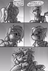 Size: 2500x3650 | Tagged: safe, artist:captainhoers, oc, oc only, oc:atom smasher, oc:jump cannon, pegasus, pony, the sunjackers, blood, comic, dialogue, duo, duo female, female, grayscale, heart, high res, kismesis, kiss on the lips, kissing, lesbian, making out, mare, monochrome, oc x oc, party rock anthem, shipping, speech bubble