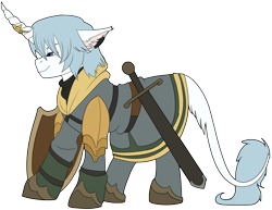 Size: 2549x1967 | Tagged: safe, artist:brainiac, oc, oc:silver fuller, classical unicorn, pony, unicorn, cloven hooves, final fantasy, final fantasy xiv, haurchefant greystone, horn, knight, leonine tail, male, ponified, reference, simple background, solo, stallion, sword, transparent background, unshorn fetlocks, weapon