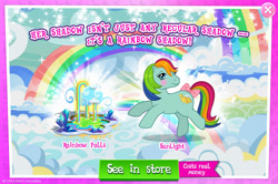 Size: 1964x1302 | Tagged: safe, gameloft, idw, sunlight (g1), earth pony, pony, g1, g4, my little pony: magic princess, official, advertisement, bow, cloud, costs real money, english, female, idw showified, introduction card, mare, mobile game, numbers, rainbow waterfall, sale, solo, tail, tail bow, text
