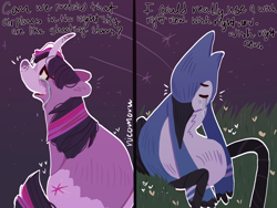 Size: 2048x1536 | Tagged: safe, artist:nicomoru, twilight sparkle, pony, unicorn, g4, aeroplanes and meteor showers, airplanes (song), crossover, crossover shipping, crying, duo, female, lyrics, male, meme, mordecai, mordetwi, redraw mordetwi meme, regular show, shipping, straight, text, unicorn twilight