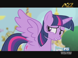 Size: 640x480 | Tagged: safe, screencap, twilight sparkle, alicorn, pony, g4, princess twilight sparkle (episode), a2z, female, mare, philippines, solo, spread wings, television, tv rating, twilight sparkle (alicorn), wings