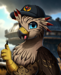 Size: 2261x2764 | Tagged: safe, artist:pridark, oc, oc only, griffon, beak, blurry background, griffon oc, hat, high res, open beak, open mouth, open smile, outdoors, smiling, solo