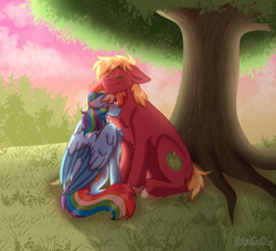 Size: 2354x2135 | Tagged: safe, artist:artistcoolpony, big macintosh, rainbow dash, earth pony, pegasus, pony, g4, :t, blushing, chest fluff, commission, duo, duo male and female, ear blush, eyes closed, female, floppy ears, high res, male, mare, missing accessory, neck nuzzle, outdoors, ship:rainbowmac, shipping, signature, sitting, stallion, straight, tree, tsunderainbow, tsundere
