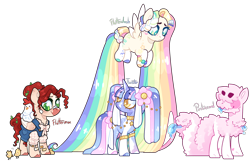 Size: 2556x1666 | Tagged: safe, artist:jaysey, artist:katsubases, oc, oc only, bird, chicken, original species, pegasus, pony, unicorn, armlet, bandaid, bandaid on nose, base used, beanbrows, body markings, braid, cheek fluff, chest fluff, chick, choker, closed mouth, clothes, colored eyelashes, colored hooves, colored muzzle, colored pupils, colored tongue, eyebrows, facial markings, female, flower, flower in hair, flying, folded wings, freckles, frown, green eyes, hair bun, hair over eyes, hairclip, hidden eyes, hooves, horn, impossibly long hair, impossibly long tail, interspecies offspring, jewelry, leaves, leaves in hair, long mane, long tail, looking down, magical lesbian spawn, mare, mismatched hooves, multicolored hair, multicolored hooves, necklace, offspring, overalls, parent:big macintosh, parent:discord, parent:fluttershy, parent:pinkie pie, parent:rainbow dash, parent:starlight glimmer, parent:twilight sparkle, parents:discopie, parents:flutterdash, parents:fluttermac, parents:twistarlight, pegasus oc, pigtails, rainbow hair, simple background, smiling, spread wings, standing, tail, tail bun, tail fluff, tongue out, transparent background, turned head, twintails, unicorn oc, unshorn fetlocks, wing freckles, wings, yellow eyes