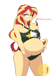 Size: 2000x2814 | Tagged: safe, artist:diamondgreenanimat0, sunset shimmer, human, equestria girls, g4, belly, belly button, big belly, bikini, breasts, clothes, embarrassed, embarrassed body exposure, fat, food baby, halfbody, high res, hips, not pregnant, red hair, simple background, slobset shimmer, solo, swimsuit, white background, yellow hair