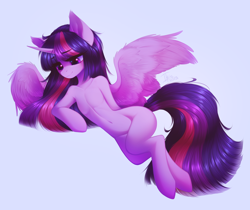 Size: 2648x2228 | Tagged: safe, artist:shenki, twilight sparkle, alicorn, semi-anthro, g4, arm hooves, belly, belly button, collarbone, eyebrows, eyebrows visible through hair, female, high res, horn, human shoulders, humanoid torso, light blue background, mare, missing cutie mark, partially open wings, ribcage, signature, simple background, smiling, solo, twilight sparkle (alicorn), wings