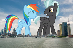 Size: 2048x1357 | Tagged: safe, anonymous editor, artist:chainchomp2 edits, artist:frownfactory, edit, rainbow dash, thunderlane, pegasus, pony, g4, china, duo, female, giant pony, giantess, highrise ponies, irl, macro, male, mare, photo, ponies in real life, shanghai, stallion, story included