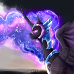 Size: 2024x2024 | Tagged: safe, artist:not-ordinary-pony, derpibooru exclusive, twilight sparkle, alicorn, pony, armor, crepuscular rays, curved horn, ethereal mane, galaxy mane, glowing, glowing eyes, glowing mane, helmet, horn, nightmare twilight, nightmarified, outdoors, partially open wings, solo, sternocleidomastoid, sunset, wings