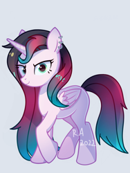 Size: 3000x4000 | Tagged: safe, artist:raineve, oc, oc only, alicorn, pony, unicorn, alicorn oc, ear piercing, folded wings, horn, looking at you, piercing, simple background, smiling, smiling at you, solo, wings