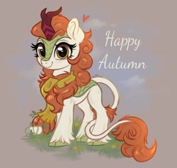 Size: 2741x2606 | Tagged: safe, artist:confetticakez, autumn blaze, kirin, g4, autumn, awwtumn blaze, captain obvious, cloven hooves, cute, female, high res, horn, kirinbetes, looking at you, outdoors, pumkinroll is trying to murder us, pumpkin, smiling, smiling at you, solo, standing, unshorn fetlocks